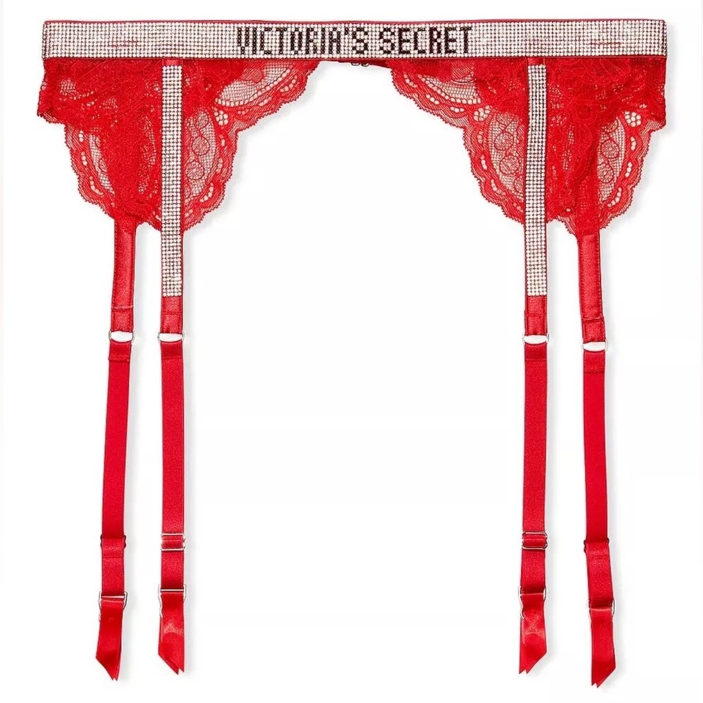 Victoria’s Secret shine rhinestone garter belt red satin & lace NWT XS/S